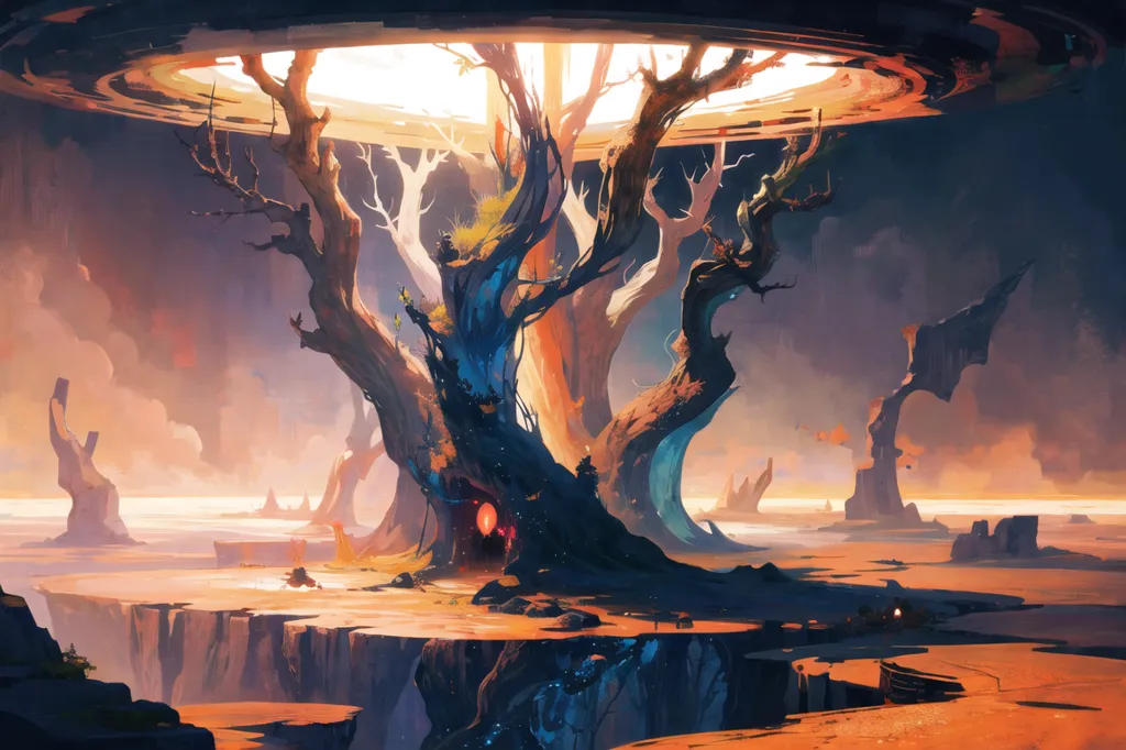 The image is a surreal landscape painting. There is a large tree in the center of the painting, with a glowing orange portal in the background. The tree has a large, twisted trunk and branches that reach out to the sky. The leaves of the tree are a deep blue color. The ground around the tree is covered in rocks and sand. There is a river of lava flowing in the background. The sky is a dark orange color. The painting has a very dreamlike quality, and it is unclear what is real and what is imagined.