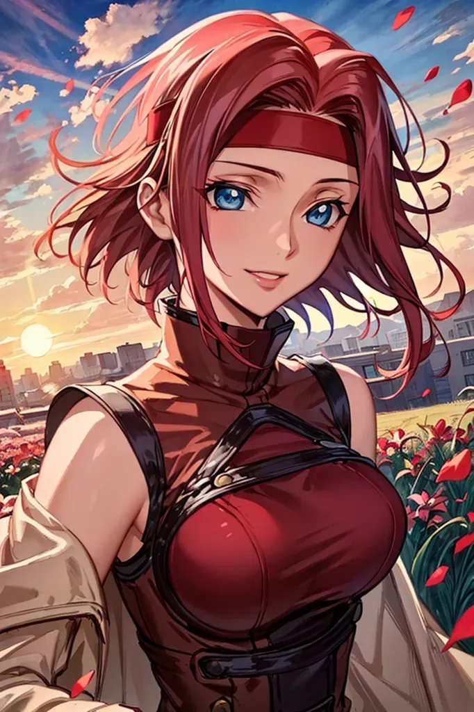 The image shows a young woman with red hair and blue eyes. She is wearing a red vest with a white shirt underneath. She has a brown belt with a pouch on her right side. She is also wearing a red headband. She is standing in a field of red flowers with a city in the background. The sky is blue with white clouds.