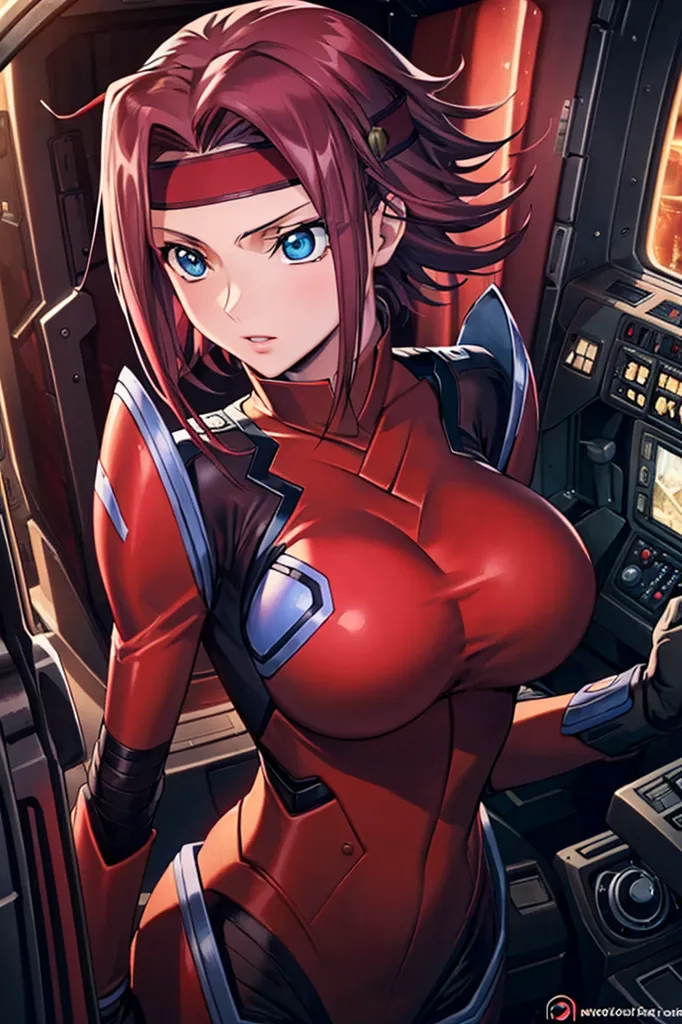 The image shows a woman with red hair and blue eyes wearing a red bodysuit with a white collar and a red headband. She is sitting in a cockpit of a spaceship or other vehicle, and there are control panels and screens all around her.