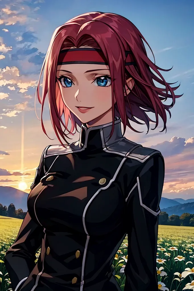 The image shows a young woman with red hair and blue eyes. She is wearing a black military uniform with a red headband. She is standing in a field of flowers, with a large mountain range in the distance. The sky is blue with a few clouds in the background. The sun is setting, casting a warm glow over the scene.