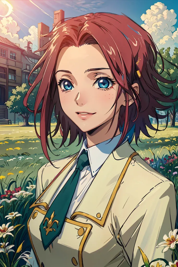 This is an image of a young woman with red hair and blue eyes. She is wearing a white shirt, green tie, and yellow jacket. She is standing in a field of flowers and there is a building in the background. The sun is shining and there are clouds in the sky.