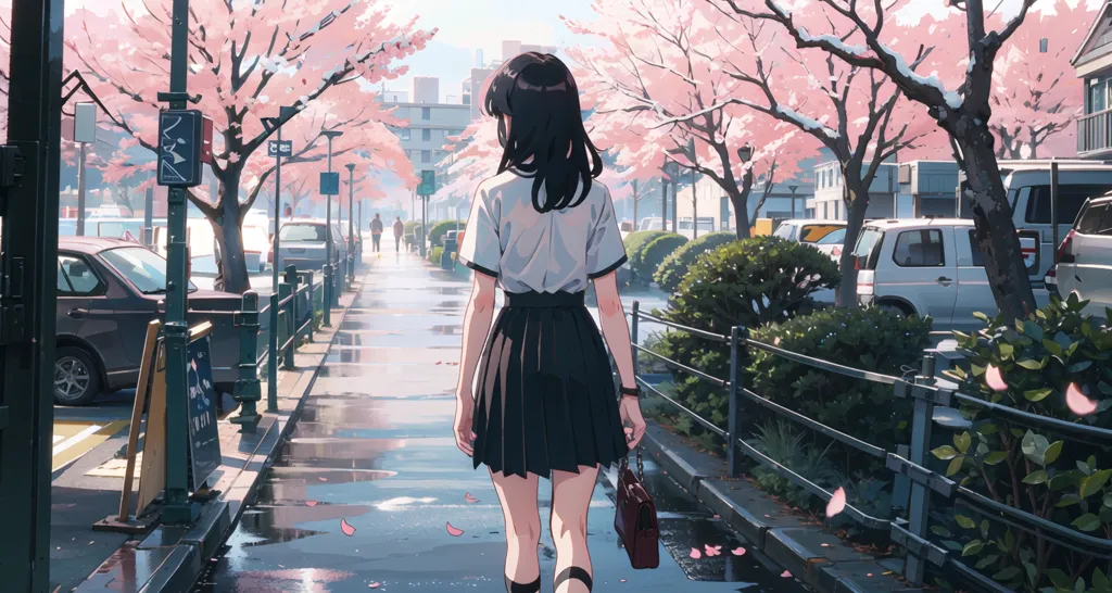 The image is in an anime style and shows a young girl walking down a street in Japan. The street is lined with cherry trees, which are in bloom. The girl is wearing a white shirt, gray skirt, and black boots. She has a pink bag over her shoulder. The street is wet from the rain, and the girl is holding an umbrella. There are cars parked on either side of the street. The image is peaceful and serene, and it captures the beauty of the cherry blossoms in bloom.