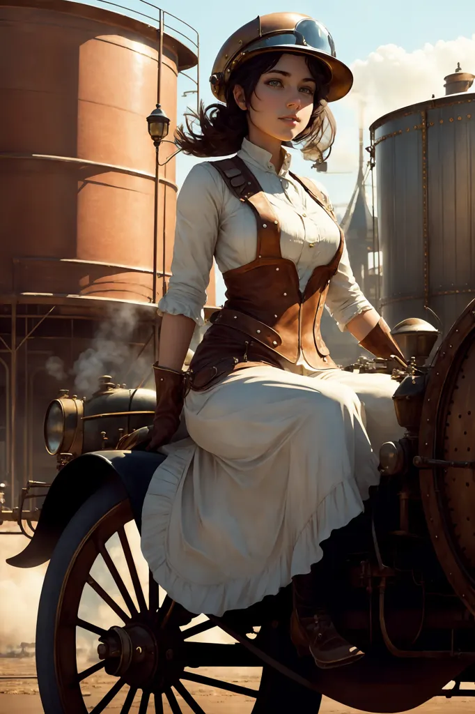 A imagem é de uma mulher jovem em pé ao lado de uma motocicleta steampunk. Ela está usando uma blusa branca, um colete de couro marrom e um capacete de couro marrom. Ela tem óculos de proteção na cabeça e está segurando o guidão da motocicleta. A motocicleta é preta e tem um motor grande. O fundo é uma paisagem industrial desfocada.