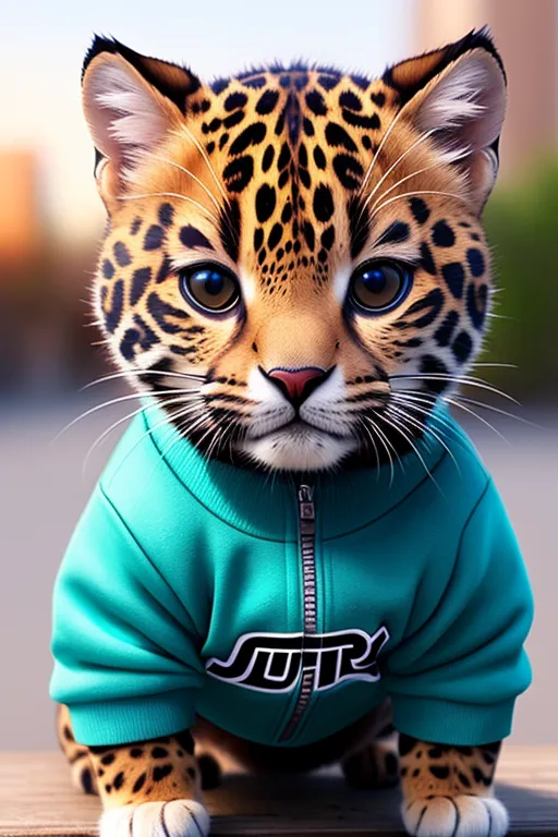 L'image montre un bébé jaguar portant une veste zippée bleue et blanche. Le jaguar est assis sur une surface en bois et regarde la caméra avec ses grands yeux ronds. Son pelage est beige et couvert de taches noires. La veste a un logo blanc sur la poitrine. Les oreilles du jaguar sont dressées et sa queue est enroulée autour de ses pattes.