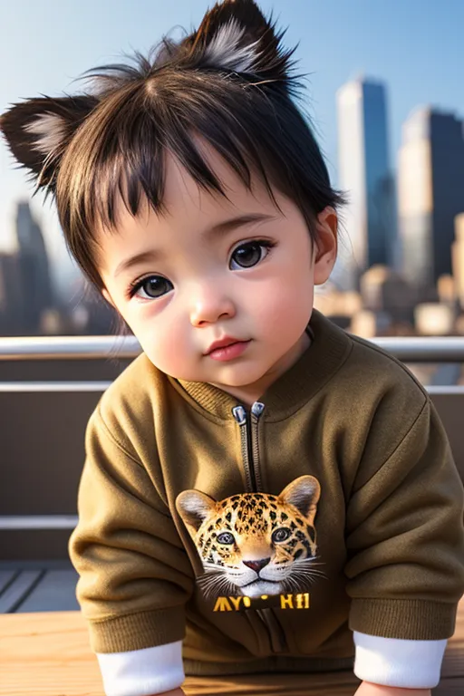 The image shows a baby with dark hair and eyes. The baby is wearing a brown jacket with a picture of a leopard on it. The baby is also wearing cat ears. The background of the image is a blurred city.