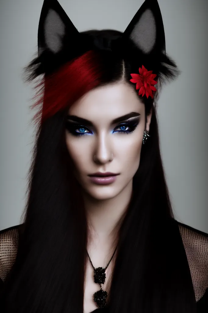 The image is a portrait of a young woman with long black hair, blue eyes, and a red flower in her hair. She is wearing a black necklace and a black and red outfit. Her ears are pointed and she has cat-like makeup on her face.