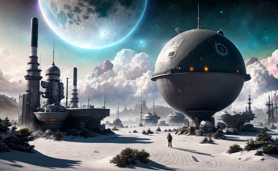 The image shows a futuristic moon base with a large spherical structure in the center. There are several smaller buildings around the sphere, and a large moon in the background. The surface of the moon is covered in snow.