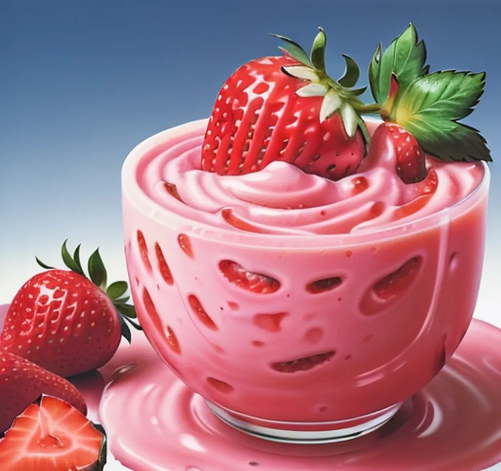 This is a picture of a glass cup filled with strawberry yogurt. The yogurt is topped with a whole strawberry and a strawberry cut into slices. There are also strawberry slices on the plate next to the cup. The background is blue.