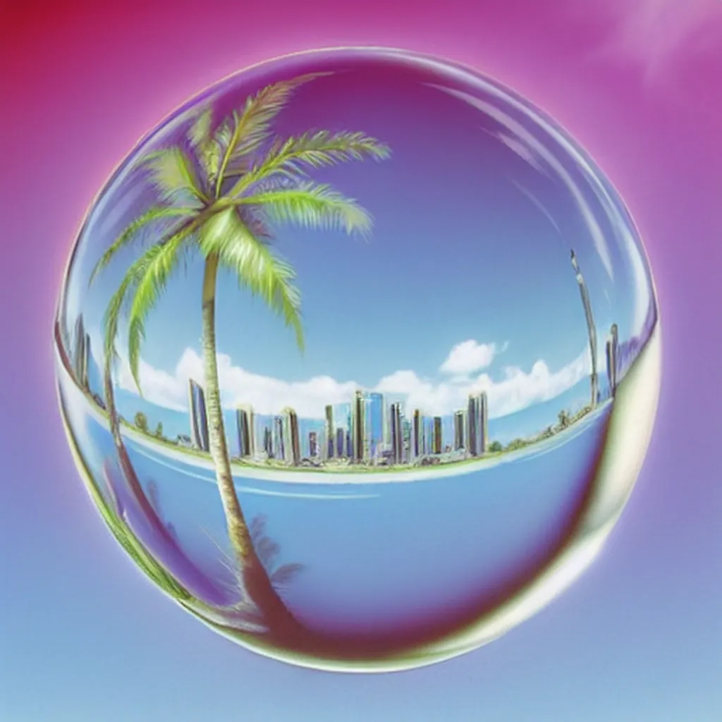 The image is a surrealist painting of a city. The city is depicted as a series of tall buildings, each with a different color. The buildings are reflected in a large glass ball that is in the foreground of the painting. The ball is also reflecting a palm tree. The sky is a gradient of pink and blue and there are some clouds. The painting has a retro, 80s feel to it.