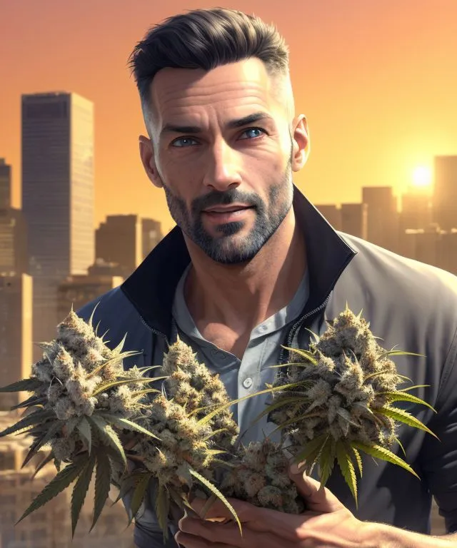 This image shows a man holding two large marijuana plants. The man is standing in front of a city skyline. He is wearing a black jacket and a white shirt. He has short dark hair and blue eyes. He has a beard and a mustache. He is smiling.