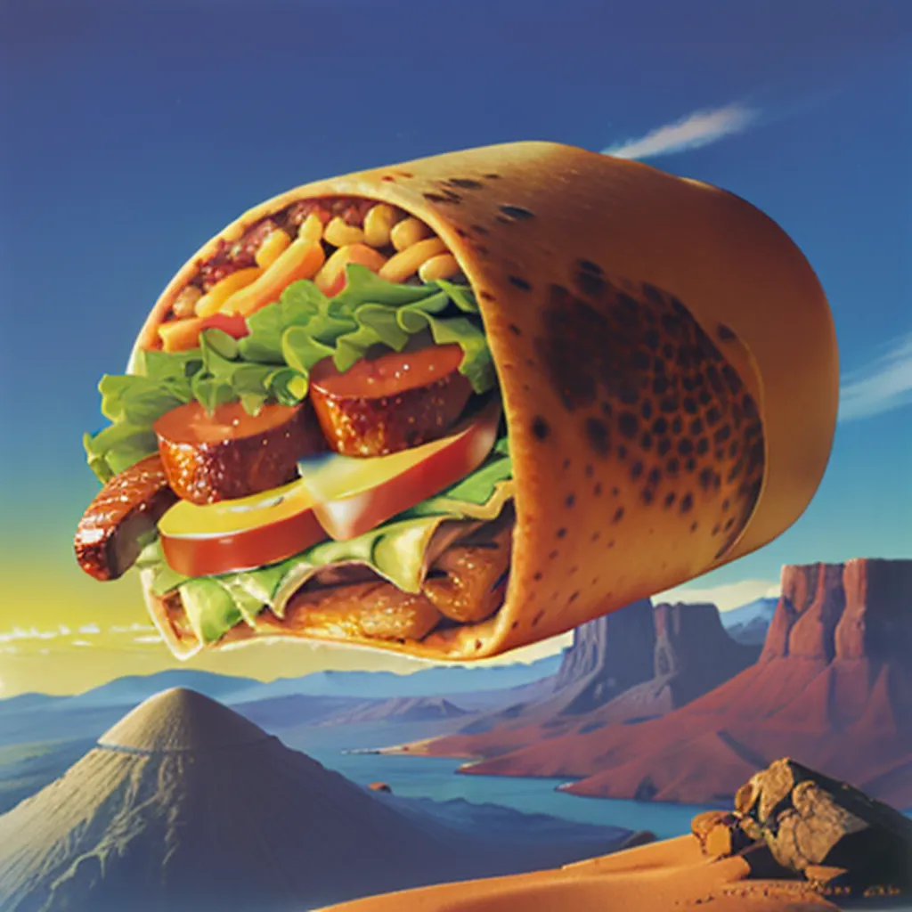 Ceci est une peinture numérique d'un burrito. Le burrito est au premier plan et est très grand. Il est coupé en deux et on peut voir tous les ingrédients à l'intérieur. Il y a des morceaux de laitue, de tomate, d'oignon et de viande. Le burrito est également enveloppé dans une tortilla. En arrière-plan, il y a un ciel bleu avec des nuages. Il y a aussi une chaîne de montagnes à l'arrière-plan. Le burrito flotte dans les airs.