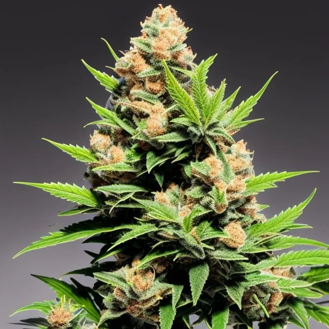 The image shows a cannabis plant in the flowering stage. The plant is about 2 feet tall and has a single large cola surrounded by smaller ones. The leaves are a deep green color and the buds are covered in white trichomes. The plant is in a vegetative state, meaning that it is not yet producing flowers. The plant is healthy and has no visible signs of pests or diseases.