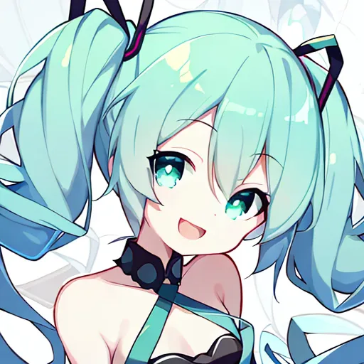 The image shows a young girl with long, aqua-colored hair tied in twintails. She has green eyes and a happy expression on her face. She is wearing a black and blue outfit with a white collar. There is a large white bow on the right side of her head.