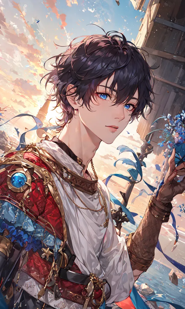 This is an image of a young man with blue eyes and black hair. He is wearing a white shirt with a red and gold vest. He has a blue sash around his waist and is wearing a gold necklace. He is holding a bouquet of blue flowers. In the background, there is a large stone structure with a blue sky and white clouds behind it.