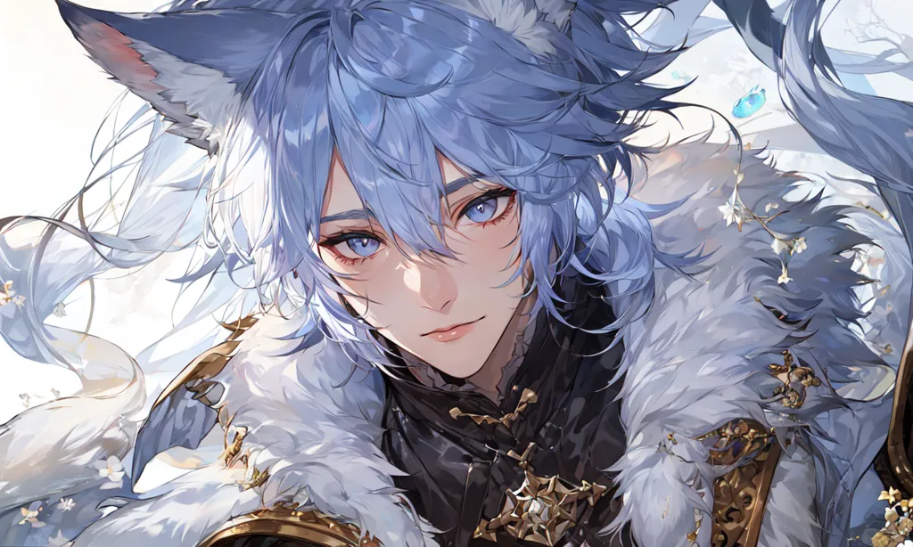 La imagen es de un hermoso hombre joven con el cabello largo y azul, y orejas de lobo. Lleva un atuendo blanco y dorado, y tiene una sonrisa suave en su rostro. Está de pie en un campo de flores y hay dos mariposas cerca de su cabeza. El fondo es un desenfoque de azul claro y blanco.