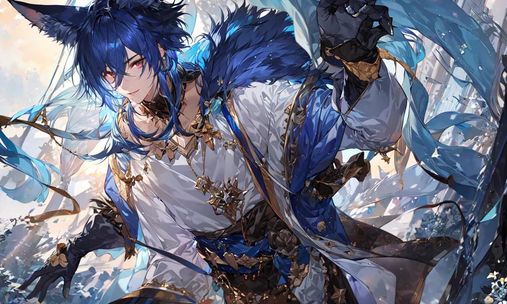 The image is of a young man with blue hair and eyes. He is wearing a white shirt with a blue vest and black gloves. He has a sword in his right hand and is surrounded by blue and white ribbons. He also has cat ears and a tail. He is standing in a field of blue flowers.