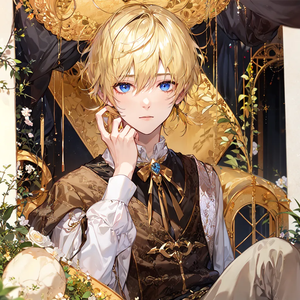 The image is of a young man with blond hair and blue eyes. He is sitting on a golden throne, wearing a brown and gold outfit. There are white flowers and vines growing around the throne, and a large skull is sitting on the ground next to him. The man has a thoughtful look on his face, and he is holding his hand to his chin.