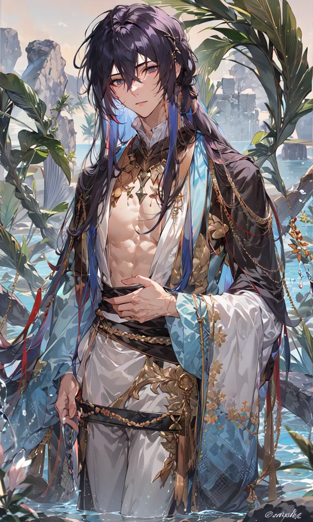 The image shows a man with long black hair and purple eyes. He is wearing a white and blue outfit with gold and black accents. He is standing in a body of water with his left hand on his hip and his right hand holding a sword. There are plants and ruins in the background.