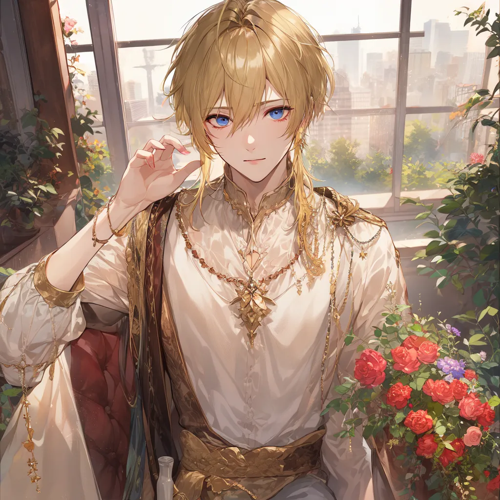 The image shows a young man with long blond hair and blue eyes. He is wearing a white shirt with a gold sash and a gold necklace. He is sitting in a chair in a greenhouse, and there are flowers all around him. The background of the image is a cityscape. The man is looking at the viewer with a gentle smile on his face.