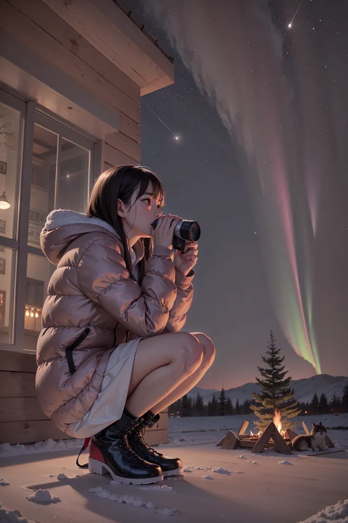 The image is a beautiful winter scene. A girl is kneeling in the snow, looking through a camera lens. She is wearing a pink puffy jacket, black boots, and a white skirt. Her long brown hair is flowing in the wind. In the background, there is a cabin. There is a bonfire burning in the yard and a cat is sitting next to it. The sky is dark and filled with stars and the aurora borealis is visible. The image is very peaceful and serene.