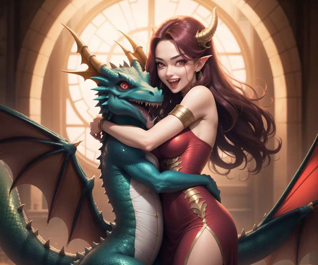 L'image représente une femme aux longs cheveux rouges et aux yeux verts. Elle porte une robe rouge avec une fente haute et un collier doré. Elle a un sourire amical sur le visage et enlace un dragon vert. Le dragon a ses ailes enroulées autour d'elle et lui sourit en retour. Ils semblent se trouver dans une grande pièce ouverte avec une fenêtre en vitrail en arrière-plan.