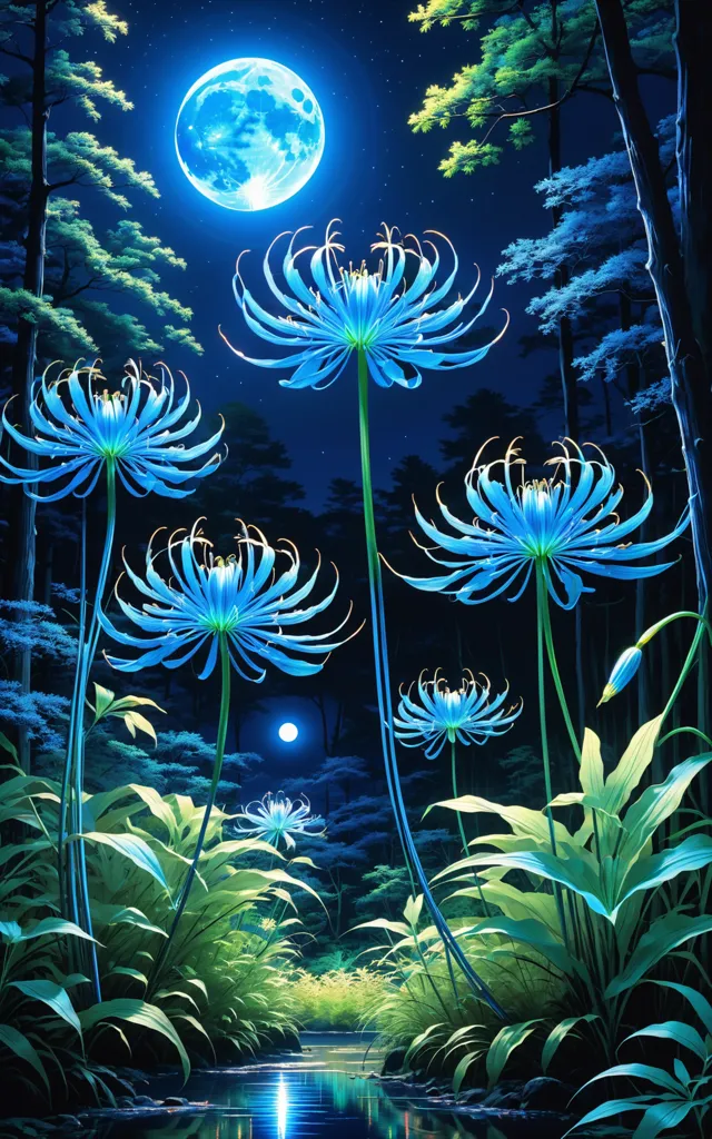 The picture shows blue flowers in a forest at night. The flowers are tall and slender, with long, thin petals. They are arranged in a circle, with a single flower in the center. The flowers are lit by a bright moon, which is shining through the trees. The forest is dark and mysterious, and the only sound is the gentle lapping of the water against the shore.