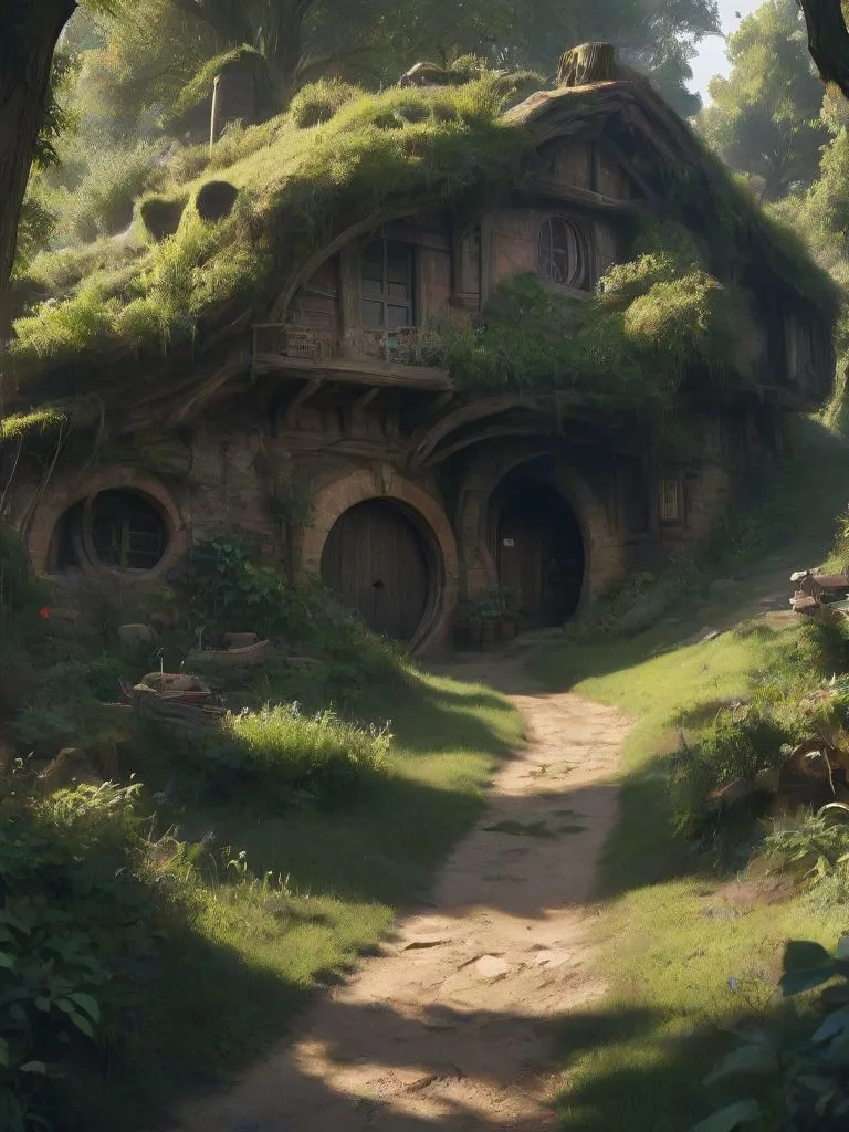 The image is a digital painting of a hobbit hole. The hobbit hole is a round, underground home with a green roof. It has a wooden door and two round windows. The hobbit hole is surrounded by a lush green landscape with trees, flowers, and a river. The image is very peaceful and serene.