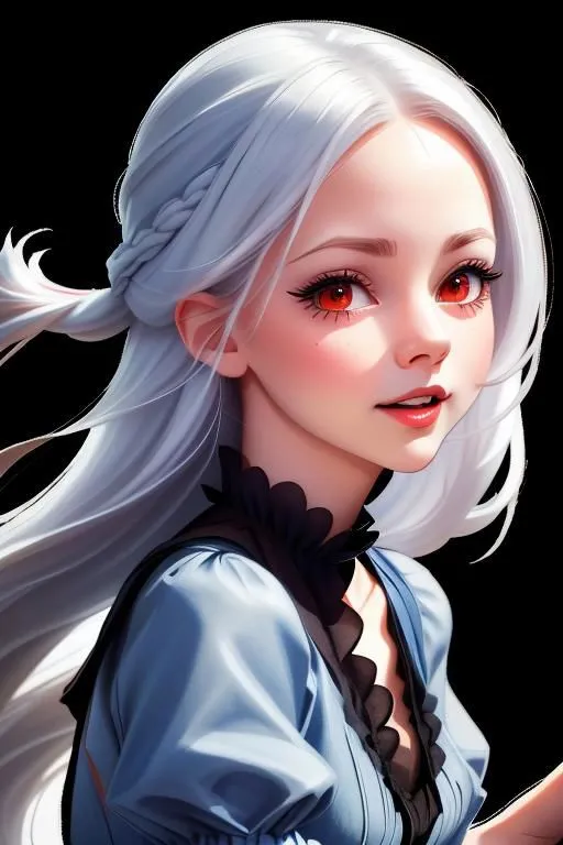 This is an image of a beautiful anime girl with long white hair and red eyes. She is wearing a blue and white dress with a black choker. She has a gentle smile on her face and looks like she is about to speak. The background is a dark color, which makes her stand out.