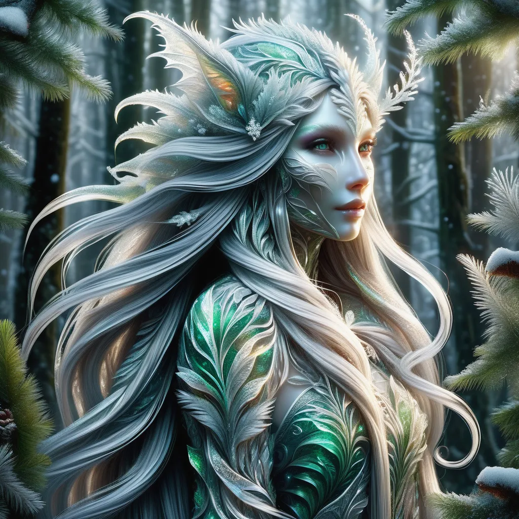 This is a picture of a beautiful winter fairy with long white hair and green eyes. She is wearing a dress made of leaves and flowers. She is standing in a snowy forest, and there are snowflakes in her hair. She has a gentle smile on her face, and she looks like she is about to cast a spell.