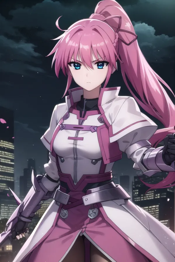 The image depicts an anime-style girl with pink hair and blue eyes. She is wearing a white and pink bodysuit with a long pink ponytail. She is standing in a dark city with a determined expression on her face.