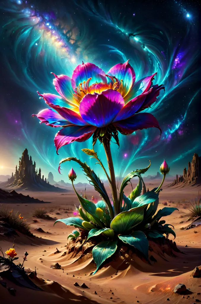 The image is a surreal and beautiful depiction of a flower in the desert. The flower is incredibly detailed, with vibrant colors and intricate patterns. It is surrounded by a desert landscape, with mountains in the background and sand dunes in the foreground. The sky is a deep blue, with bright stars and galaxies. The image is full of contrast, with the bright colors of the flower and the dark tones of the desert. The overall effect is one of wonder and awe.