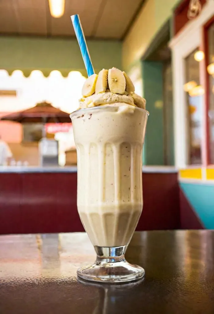 A tall glass of banana milkshake is sitting on a table. The glass is filled with a creamy, light brown liquid and topped with whipped cream, sliced bananas, and chocolate sprinkles. A blue straw is sticking out of the whipped cream. The background is a blurred image of a restaurant with red and blue booths and yellow walls.