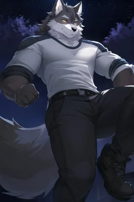 The image is of a muscular wolf furry in a white shirt and black jeans. He is standing in a powerful pose, with his left foot forward and his right foot back. His fists are clenched at his sides, and he has a determined look on his face. He is surrounded by a dark background with a starry night sky.