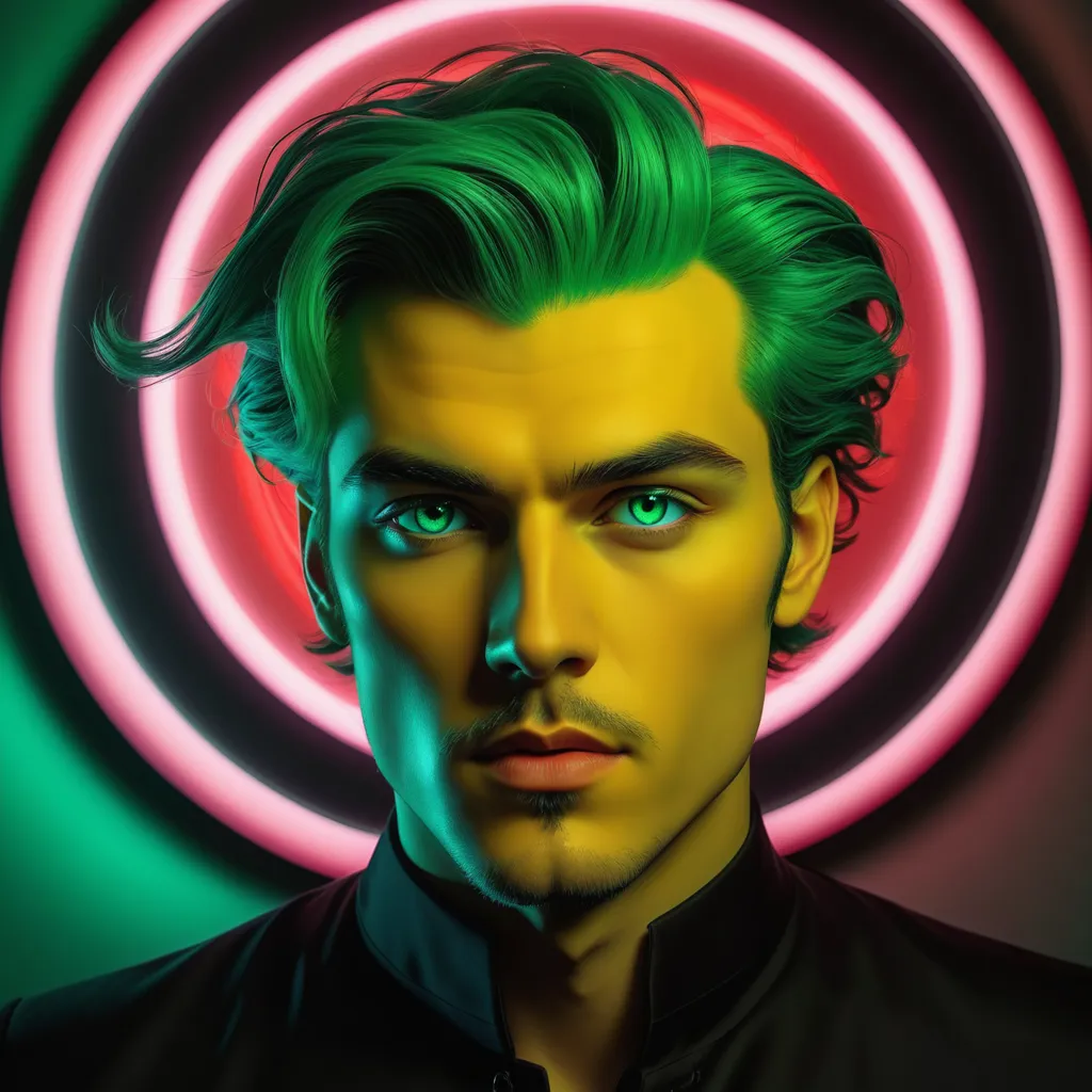 This is a picture of a man with green hair and green eyes. He is wearing a black shirt with a white collar. The background is a dark color with a glowing green and pink circle behind his head. The man has a serious expression on his face. He is looking at the viewer with his head tilted a bit downwards at an angle.