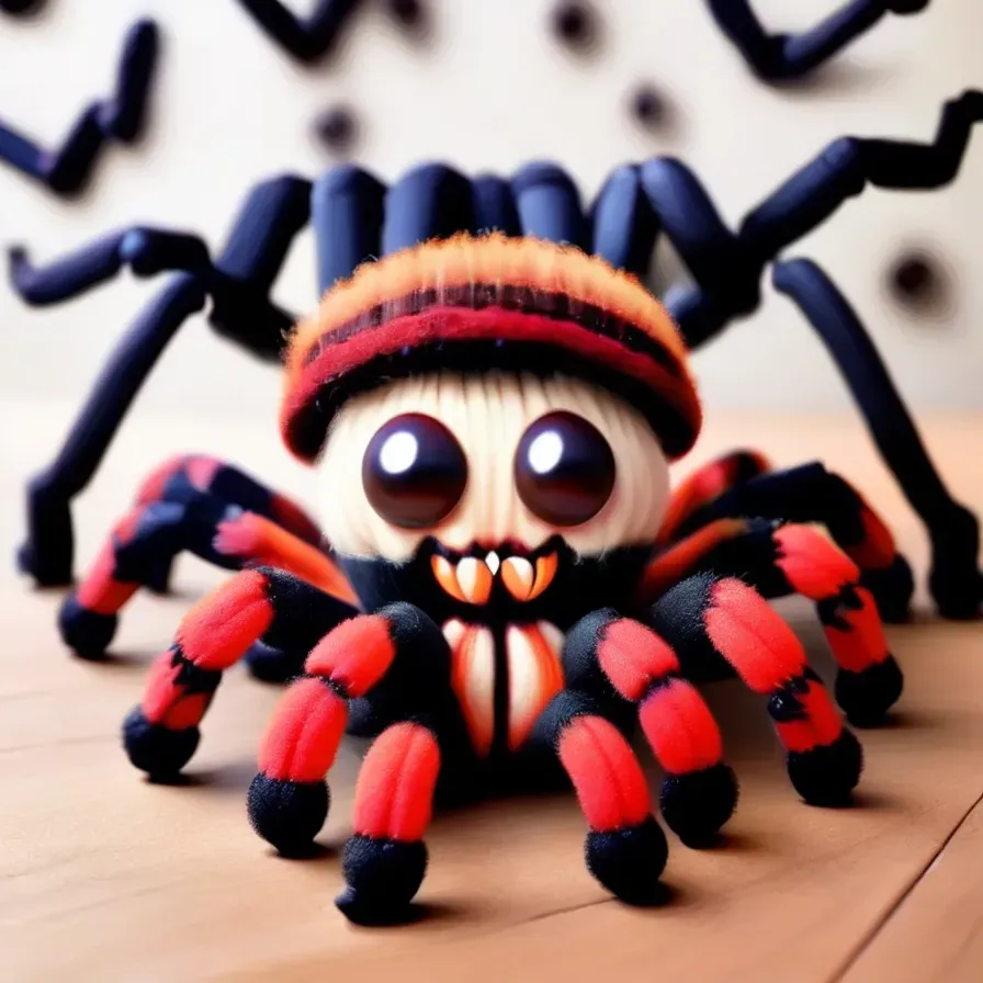 This is a 3D rendering of a spider. It has a red and black body, with a red hat. The spider is also wearing a toothy grin. It has eight legs, each with a black and red striped pattern. The spider is sitting on a wooden table. The background is a blurred image of a spider web.