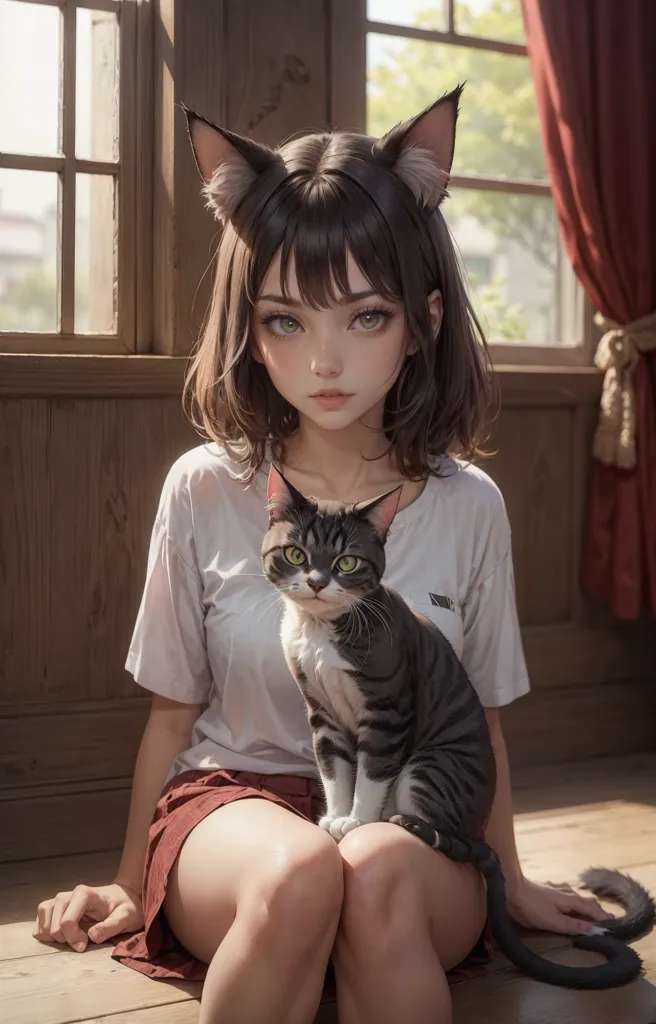 girl, pet cat, ears cat, cats, sitting,