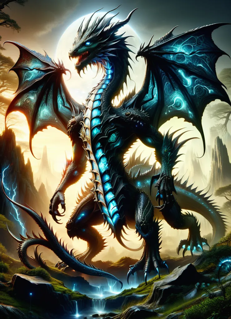 The dragon is a fearsome creature with a long, serpentine body covered in black scales. It has a pair of massive wings that are outstretched and a long, forked tail that trails behind it. The dragon's head is狰狞的, with a large, gaping mouth filled with sharp teeth. Its eyes are a bright, piercing blue, and they seem to glow with an inner fire. The dragon is standing on a rocky outcrop, and there is a forest of dark trees behind it. The sky is a stormy gray, and there are bolts of lightning flashing in the distance.