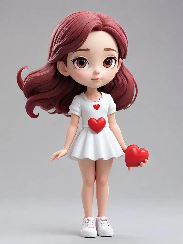 The picture shows a cute 3D cartoon girl. She has long brown hair, big brown eyes, and a small red heart on her white dress. She is wearing white sneakers and is holding a red heart in her right hand. The background is a light gray color. The girl is standing in a relaxed pose and has a gentle smile on her face.