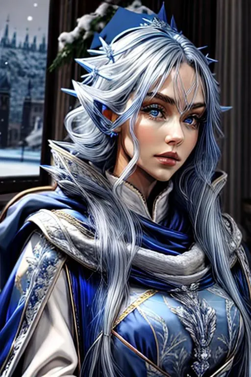 This is an image of a beautiful, regal woman with long, flowing white hair and blue eyes. She is wearing a white and blue dress with a fur-trimmed cape and a crown on her head. She is sitting on a throne made of ice and snow, and there is a blizzard raging outside. She is the Snow Queen, a powerful and feared ruler who controls the winter weather. She is a solitary figure, who has no friends or family, and she is said to be very cold and heartless.