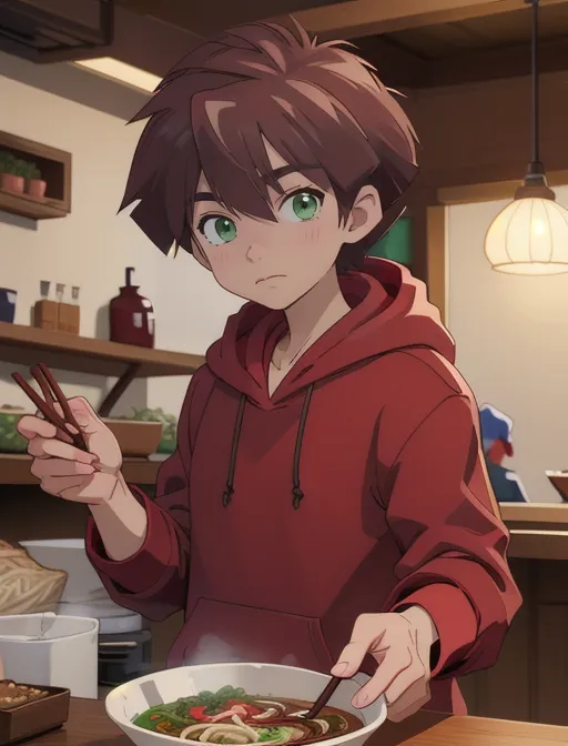 The image shows a young boy with brown hair and green eyes. He is wearing a red hoodie and is sitting at a table in a restaurant. He is eating a bowl of noodles with chopsticks. The boy has a happy expression on his face and seems to be enjoying his meal. The background of the image is blurred, but it looks like there are other people in the restaurant.