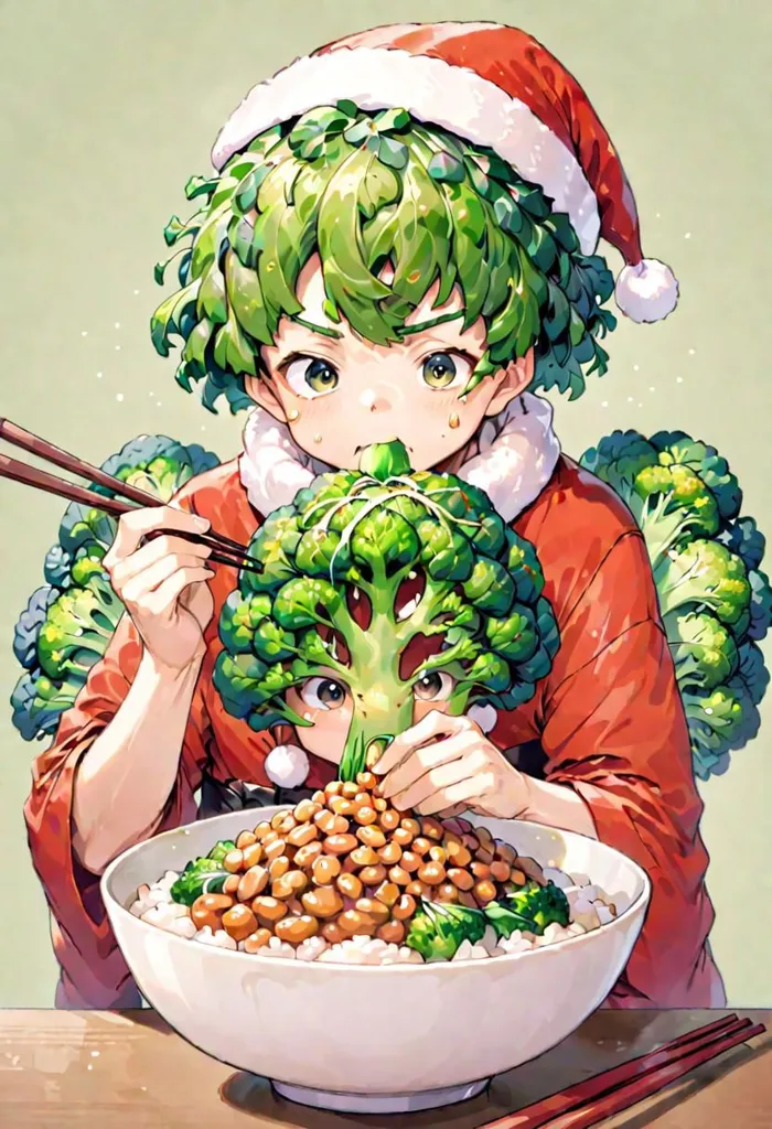 This image depicts an anime-style illustration of a young boy with green broccoli-like hair wearing a Santa hat. He is eating a bowl of rice and natto, with a pair of chopsticks in his hand. Another pair of chopsticks is holding a piece of broccoli near his mouth. The boy is surrounded by broccoli florets and appears to be enjoying his meal. The background is a light green color, and the overall tone of the image is playful and whimsical.