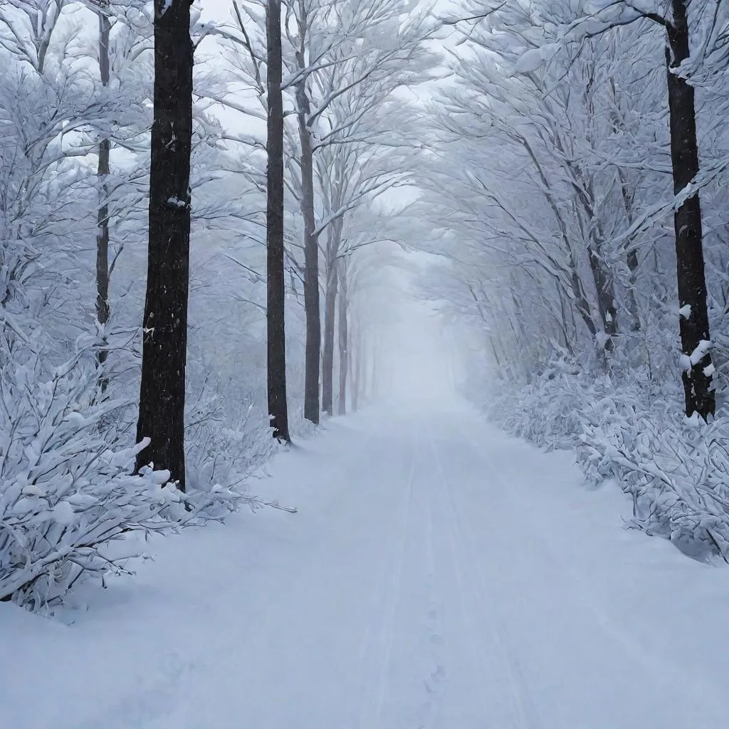 This image shows a snow-covered forest. The trees are bare, and the snow is thick on the ground, making the forest look very beautiful. The snow is also falling heavily, which adds to the beauty of the scene.