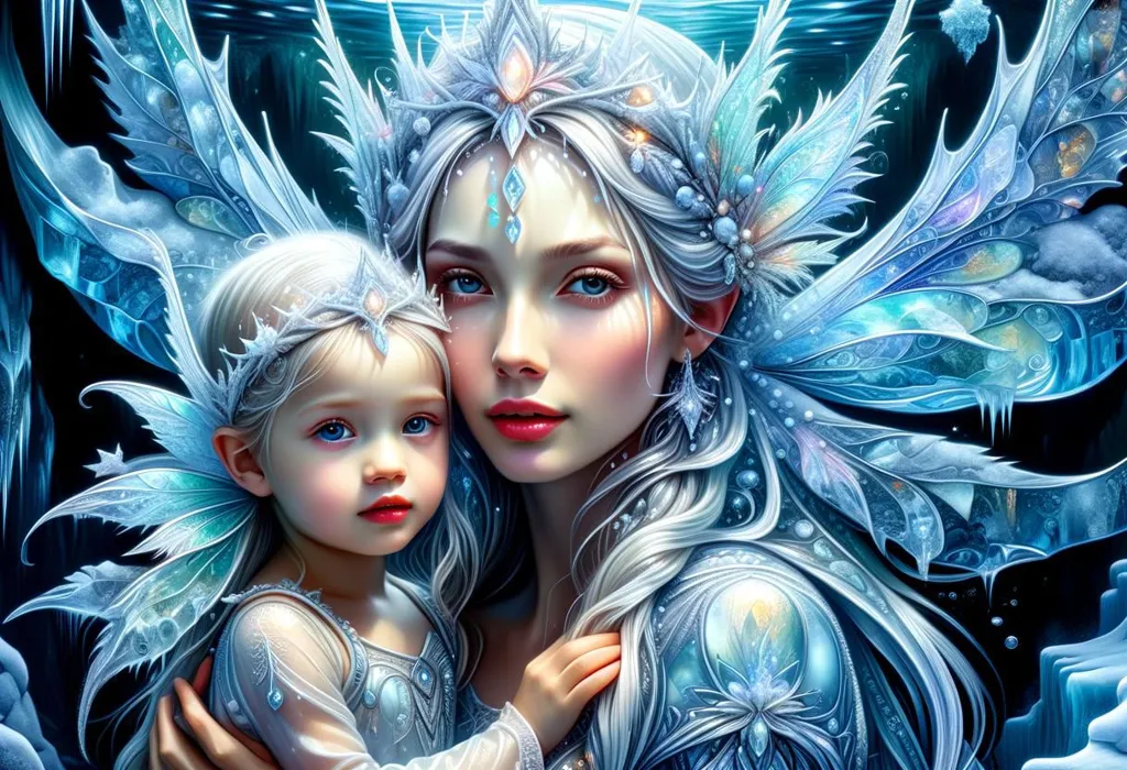 A winter fairy queen and her daughter. They are both wearing beautiful dresses made of ice and snow. The queen has a crown on her head and the princess has a tiara. They are both very beautiful and look very happy.