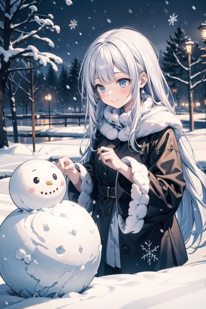 The image is a beautiful anime girl with long white hair and blue eyes. She is wearing a brown coat with a white fur collar and a white skirt. She is also wearing a pair of brown boots. The girl is standing in a snowy forest and is building a snowman. She has a happy expression on her face and is clearly enjoying herself. The image is very detailed and the artist has done a great job of capturing the girl's beauty and the magic of the winter season.