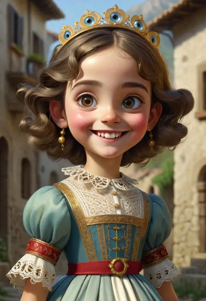 This is a picture of a little girl. She has brown hair and brown eyes. She is wearing a blue dress with a white collar. The dress has gold trim and a red sash. She is also wearing a gold crown. The girl is smiling and looks happy. She is standing in a courtyard, surrounded by buildings.