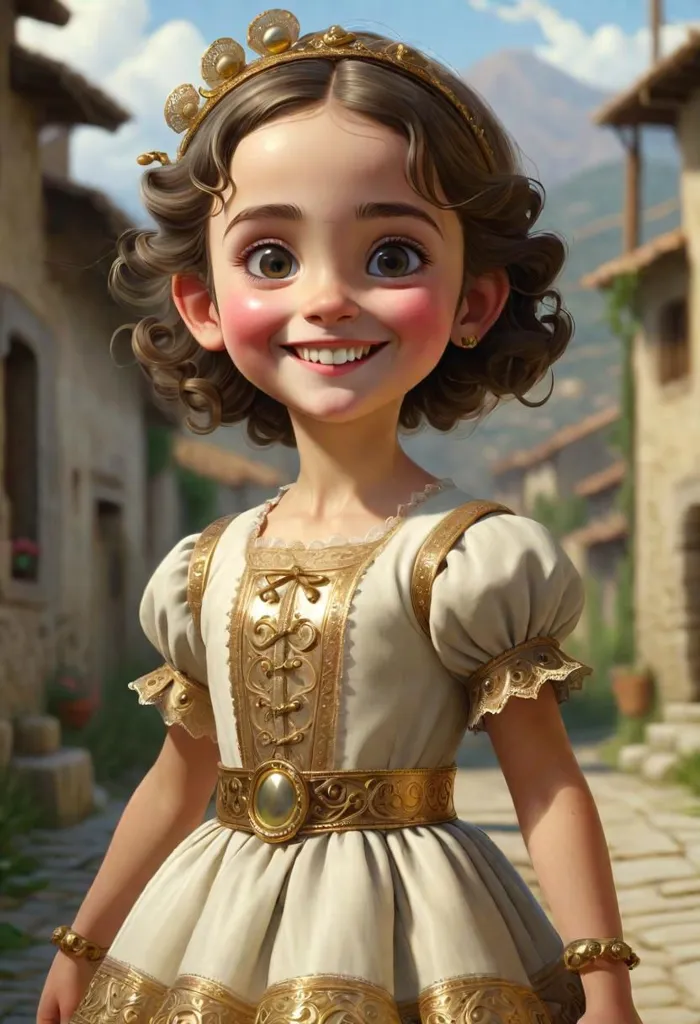 The little girl has brown hair and brown eyes. She is wearing a white dress with gold trim. She is smiling and looks happy. She is standing in a street that is made of stone. There are some houses in the background. The sky is blue and there are some clouds in the sky.