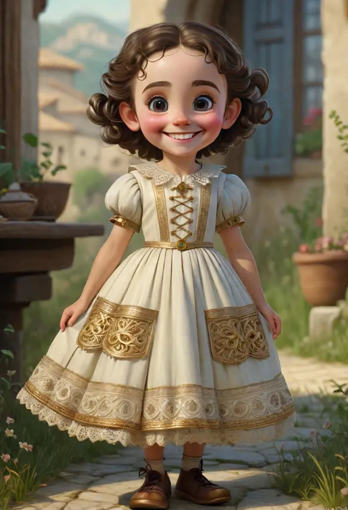 The little girl is wearing a white dress with golden patterns. The dress has a square collar and short sleeves. The girl has brown curly hair and blue eyes. She is smiling and has a happy expression on her face. She is standing in a garden with a stone floor. There are plants and flowers in the background.