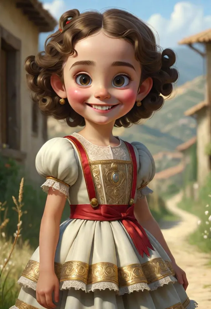 The little girl has brown hair and brown eyes. She is wearing a white dress with a red sash and gold trim. She is smiling and looks happy. She is standing in a field of flowers. There are houses in the background.