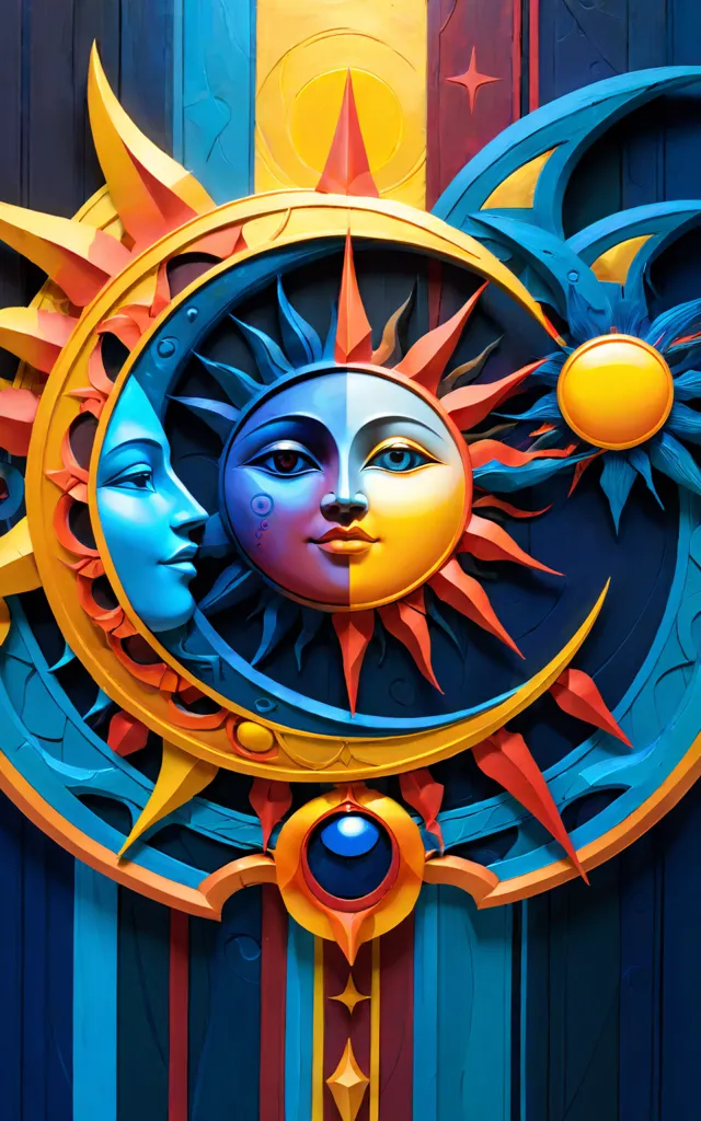 The image is a colorful depiction of the sun and the moon. The sun is a bright yellow orb with a smiling face, surrounded by rays of light. The moon is a blue crescent with a sad face, surrounded by stars. The sun and the moon are set against a background of blue and orange. The image is likely meant to represent the cycle of day and night.