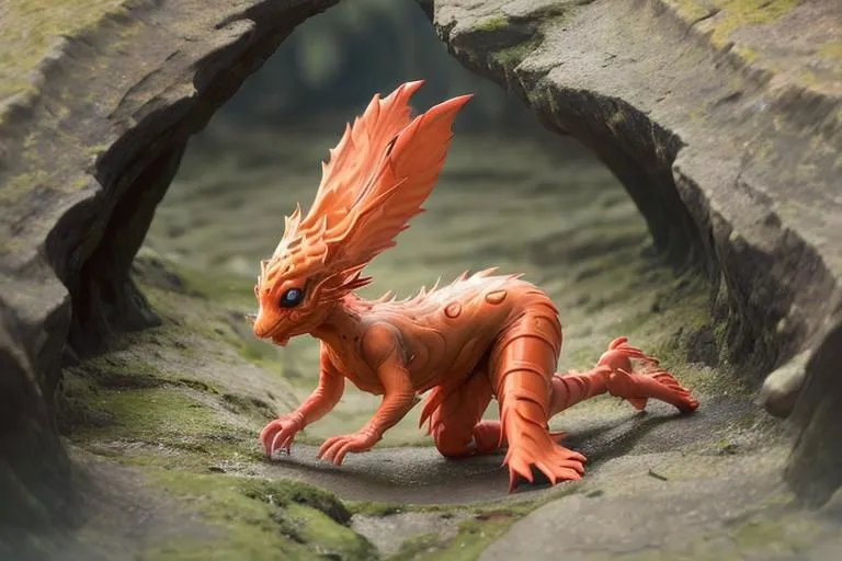 This is an image of a small, orange creature with large, feathered ears and a long, spiked tail. It is crouched on the ground in a rocky cave, looking at something just outside the cave. The creature's skin is orange and its eyes are blue. It has a long, pointed snout and sharp teeth. Its tail is long and thin, with a tuft of fur at the end. The creature is standing on all fours, with its front legs bent and its back legs straight. Its fur is short and smooth.